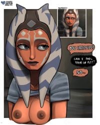 1boy 1girls 2d ahsoka_tano alien alien_girl alien_humanoid allgernon annoyed annoyed_expression areolae background big_breasts border breasts breasts_out clone_wars collarbone color dialogue english english_dialogue english_text exposed_breasts exposed_nipples eyes facial_markings flashing flashing_breasts front_view headgear hi_res high_resolution highres horn implied_male_pov implied_pov large_areolae large_breasts lips male_pov markings nipples open_eyes orange_body orange_skin pov presenting presenting_breasts question reference_image refusal sad scene_interpretation shirt_up simple_background speech_bubble star_wars tentacle tentacle_hair text the_clone_wars:_season_seven togruta torn_clothes unamused upper_body white_border white_markings