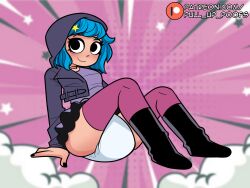 blue_hair boots diaper diaper_fetish hoodie pissymissy ramona_flowers ruffled_skirt scott_pilgrim sitting skirt upskirt