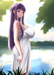 1girls alternate_version_available big_breasts breasts clothing dress female female_only fern_(sousou_no_frieren) hair huge_breasts large_breasts long_hair looking_at_viewer osuzu_akiomi purple_eyes purple_hair sideboob solo solo_female sousou_no_frieren water white_dress