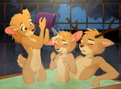 absurd_res anthro assisted_bathing bath bathing bathing_together bathroom bathtub blue_eyes blush breasts brother brother_and_sister brown_body brown_fur cervine clitoris closed_eyes countershading cub deer detailed_background digital_media_(artwork) erection family family_bonding family_sex female flat_chested fur genitals group hi_res implied_incest incest kaiti_(piporete) katy_(piporete) looking_pleasured male mammal nature nature_background navel night nipples nude partially_submerged penis_silhouette piporete plant pussy sibling signature sister sisters small_breasts taiki_(piporete) teenager tree water young