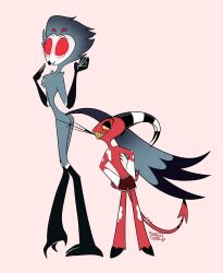 2boys ass avian beak biting blitzo_(helluva_boss) blush coppertone demon feathers gay hand_to_own_mouth hands_on_hips height_difference helluva_boss horns humanoid imp looking_at_another male male_only mouth_hold pink_background red_body red_eyes simple_background small_dom_big_sub sparklegoosy stolas_(helluva_boss) surprised surprised_expression swimming_trunks swimsuit tagme tail wide_eyed yaoi