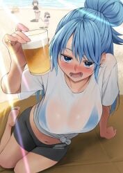 1girls alcohol aqua_(konosuba) barefoot beach beer bikini_top blue_eyes blue_hair blush clothed drunk female female_only izawa_(bhive003) kono_subarashii_sekai_ni_shukufuku_wo! large_breasts long_hair open_mouth see-through sitting solo_focus swimsuit wet_clothes white_shirt