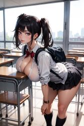 1girls ai_generated backpack bag bangs bent_over big_breasts black_hair black_skirt black_socks blue_eyes blush bow bowtie breast_rest breasts chair classroom cleavage closed_mouth collared_shirt day desk dress_shirt hair_ribbon indoors kneehighs large_breasts leaning_forward lips long_hair looking_at_viewer miniskirt no_bra open_clothes open_shirt pleated_skirt red_bow red_bowtie ribbon school school_chair school_desk school_uniform see-through shirt sidelocks skirt sleeves_rolled_up socks solo stable_diffusion standing thighs twintails watch white_shirt window wristwatch