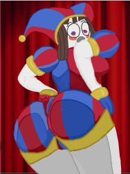 2023 2d 2d_(artwork) 2d_artwork ass big_ass big_hips blue_eyes brown_hair female female_only glitch_productions gooseworx hand_on_hip jester jester_cap jester_costume jester_girl jester_hat jester_outfit looking_back looking_down makeup pomni pomni_(the_amazing_digital_circus) red_eyes the_amazing_digital_circus
