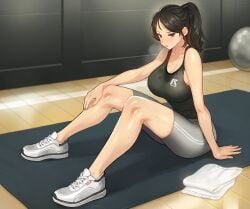 1girls bike_shorts black_hair blush brown_eyes female female_focus female_only heavy_breathing indoors jagaimo kkamja large_breasts open_mouth pony_tail sitting sleaveless_shirt slim_waist solo sportswear steam sweat sweat_stain tight_clothing yoga_mat yoo_sena