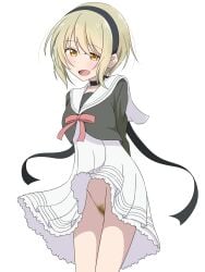 blonde_hair blush breasts female hairband hanabikawa_alice hoshikuzu_telepath looking_at_viewer no_panties open_mouth pubic_hair school_uniform short_hair simple_background skirt_lift small_breasts smile solo takaragi_haruno white_background yellow_eyes