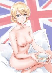 bad_id bad_pixiv_id blonde_hair blue_eyes braid breasts british casual_nudity closed_mouth cup darjeeling female girls_und_panzer holding holding_cup kuppipi_ramutarou looking_at_viewer medium_breasts nipples nonsexual_nudity nude nudist pillow short_hair smile solo teacup union_jack