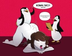 1girls 2boys 9/11 ahe_gao ass_shake ass_slap ass_up brown_hair clipboard edit edited female happylikeawall interspecies kowalski kowalski_analysis los_pingüinos_me_la_van_a_mascar male meme naked naked_female penguin skipper skipper_(madagascar) the_penguins_of_madagascar tongue_out