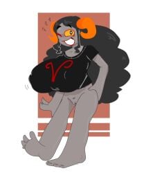 1girls aradia_megido barefoot big_breasts bottomless breasts clothing curly_hair errorplush eyelashes female grey_body grin hand_on_hip happy_female homestuck horns huge_breasts legs long_hair one_eye_closed pubes pubic_stubble pussy smile standing teeth toes wink winking_at_viewer yellow_sclera