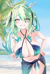 1girls bikini branch_horns breasts ceres_fauna cleavage female green_hair gurumie hi_res hololive hololive_english hololive_english_-council- hololive_english_-promise- horns huge_breasts large_breasts light-skinned_female light_skin long_hair twintails virtual_youtuber yellow_eyes