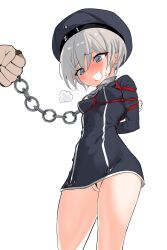 :d absurdres bare_legs beret blush bondage bottomless bound bound_arms breasts chain_leash chains collar cowboy_shot crotch_rope dress female female_focus femsub grey_eyes hat highres kantai_collection kinbaku kinbakuman leash male/female microdress minidress miniskirt nose_blush pussy_floss rope rope_bondage shiba*ri shibari shibari_over_clothes short_hair small_breasts smile solo_focus z1_leberecht_maass_(kantai_collection)