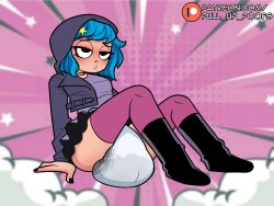 blue_hair boots diaper diaper_fetish hoodie implied_scat messy_diaper pissymissy pleased_expression ramona_flowers relief ruffled_skirt scott_pilgrim sitting skirt soiled_diaper soiling soiling_diaper upskirt used_diaper