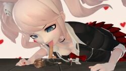 big_breasts blonde_hair blue_eyes cleavage danganronpa fellatio giantess hair_ornament junko_enoshima large_breasts licking_penis naegi_makoto nail_polish naxo3001 penis_on_tongue size_difference tongue twintails