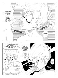 1boy 1girls 2023 absurd_res areolae betterz black_and_white breasts bulma_briefs bulma_briefs_(beginnings_of_dragon_ball_z) closed_eyes comic comic_page cum cum_announcement cum_in_mouth cum_inside curvy deepthroat dialogue dirty_talk dragon_ball dragon_ball_z english_text fellatio female head_grab head_tilt implied_deepthroat large_breasts large_penis long_hair male mouthful nipples one_eye_closed oral paizuri penis saliva short_hair son_goku speech_bubble straight text throat_fuck titjob