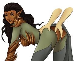 ass black_eyes black_hair breasts bronze_(metal) compleated corrupted cyborg elf elf_female elf_girl glissa glissa_the_traitor green_skin hand_on_ass magic_the_gathering metalic_skin monster_girl nightmare_waifu phyrexian pussy rozwell tabletop_game tagme