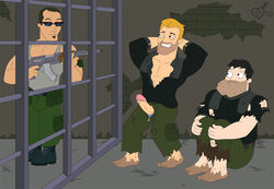 2010 3boys american_dad black_hair blonde_hair bulge character_request erection facial_hair gay hands_behind_head holding_weapon inviting_to_sex jail_cell jaytee machine_gun muddy_feet pecs penis_out presenting_penis soul_patch stan_smith sunglasses tagme tank_top torn_clothes underwear_down unzipped_pants weapon