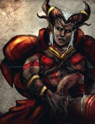 arishok armor cum cum_on_thigh cupping_balls dragon_age_2 dripping_cum hand_on_balls horns humanoid large_penis male_only qunari tagme war_paint warpaint