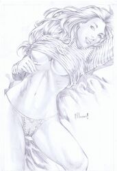 alex_oliver breasts clothing comic_paper female female_only human jean_grey long_hair marvel monochrome pinup pose realistic sketch solo tagme underboob x-men