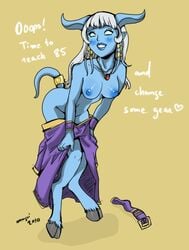 blue_skin breasts clothing draenei female female_only front_view magui solo tagme text topless undressing world_of_warcraft