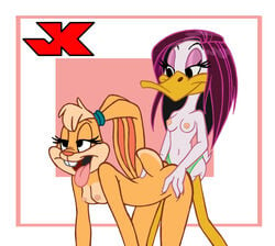 2girls all_fours anthro doggy_style duck female female_only fur furry interspecies jk lola_bunny looney_tunes multiple_females new_lola_bunny rabbit straight_hair strap-on the_looney_tunes_show tina_russo yuri