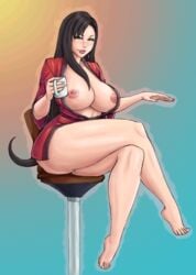 alternate_breast_size areolae ass barefoot big_breasts black_hair blush breasts brown_eyes chair cleavage colored crossed_legs cup earrings feet female female_only final_fantasy final_fantasy_vii highres huge_breasts human large_breasts legoman long_hair looking_at_viewer nipples simple_background sitting smile solo soubriquetrouge square_enix thick_thighs thighs tifa_lockhart voluptuous