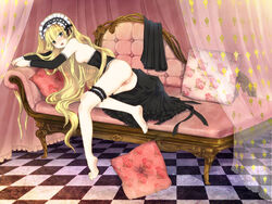 anus artist_request ass barefoot blonde_hair bottomless breasts censored chair female gosick green_eyes highres kuraichi leg_garter legs maid_uniform nipples no_bra no_panties pillow pussy solo source_request undressing very_long_hair victorica_de_blois young