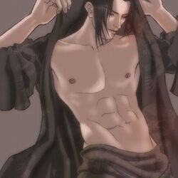 1boy abs dynasty_warriors hood long_hair ma_chao male male_only open_clothes open_shirt shirt solo