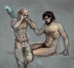 anders_(dragon_age) beard clothing dragon_age dragon_age_2 electricity hawke human magic male multiple_males pubic_hair yaoi