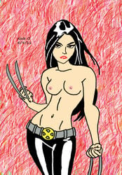 breasts female female_only front_view human marvel new_x-men pale_skin solo standing tagme text topless x-23 x-force x-men