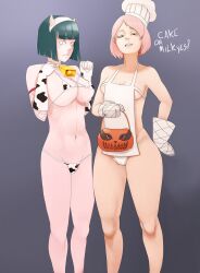 2girls big_ass big_breasts black_hair boruto:_naruto_next_generations costume cow_horns dialogue green_eyes halloween hyuuga_hinata m4ct0r milf multiple_girls naruto naruto_(series) pink_hair sakura_haruno white_eyes