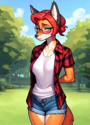 ai_generated anthro blush blushing_at_viewer denim_clothing denim_shorts fox glasses lewd_madlad mammal mark medium_breasts outdoors outside park plaid_clothing plaid_shirt red_hair short_hair shorts shy smile smiling smiling_at_viewer unbuttoned unbuttoned_shirt wearing_glasses white_t-shirt yellow_fur