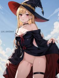 1girls ai_generated blonde_hair bottomless female halloween halloween_costume kitagawa_marin long_hair looking_at_viewer nekom14 skirt_lift sono_bisque_doll_wa_koi_wo_suru witch witch_costume witch_hat