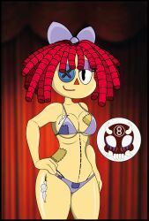 2023 2d 2d_(artwork) 2d_artwork 8ball9615 bikini button_eyes cameltoe doll glitch_productions gooseworx hand_on_hip medium_breasts patched_clothing ragatha ragatha_(the_amazing_digital_circus) red_hair ribbon smile_at_viewer stitches the_amazing_digital_circus yellow_body