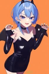 1girls bare_shoulders black_choker black_dress black_gloves blue_eyes blue_hair breasts collarbone covered_navel elbow_gloves hair_between_eyes hololive hololive_gen_0 hololive_japan hoshimachi_suisei short_hair skin_fang star_in_eye virtual_youtuber you06