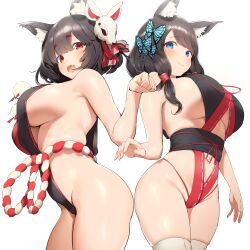 2girls :d ass_visible_through_thighs azur_lane cheerful cowboy_shot cute_fang female female_only fusou_(azur_lane) highleg highleg_leotard large_ass large_breasts legwear light-skinned_female light_skin nekoshoko paw_pose sakura_empire_(azur_lane) scantily_clad sideboob smile solo thick_thighs white_background wide_hips yamashiro_(azur_lane)