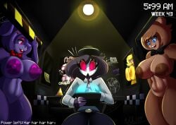 4girls anthro big_breasts bonfie bonnie_(cally3d) bonnie_(fnaf) breasts breasts_against_glass busty chica_(cally3d) chica_(fnaf) chiku clothing crossover female female_only five_nights_at_freddy's freddy_(fnaf) fredina's_nightclub fredina_(cally3d) frenni_fazclaire helluva_boss huge_breasts imminent_rape imminent_sex indoors large_breasts mrmelted multiple_girls nervous_sweat nipples nude nude_female octavia_(helluva_boss) on_glass poster security_guard security_uniform sweat thick_thighs wide_hips