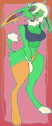 anthro breasts dijon_(guncht) eeveelution female fishnet full-length_portrait fur generation_1_pokemon green_body green_fur guncht jolteon nintendo pokemon pokemon_(species) portrait solo