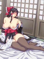 alternate_costume arm_support bare_shoulders black_hair blush bow breasts breasts_out collarbone female frilled_bow frilled_hair_tubes frills full_body grey_thighhighs groin hair_tubes hairbow hakurei_reimu hand_up indoors kourindou_tengu_costume large_breasts long_hair looking_to_the_side nipples no_panties no_shoes off_shoulder parted_lips pelvic_curtain red_bow red_eyes reimu_hakurei shouji sidelocks sitting sliding_doors solo tatami tengu thick_thighs thighhighs thighs touhou ultragruntyy wide_sleeves yokozuwari