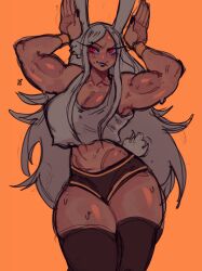 black_lipstick breasts bunny_ears bunny_tail crop_top female long_hair miruko muscular muscular_arms muscular_female my_hero_academia pose red_eyes rumi_usagiyama tagme thick_thighs thighhighs white_hair wide_hips widisu