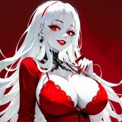 ai_generated nemus_waifu_generator pale_skin red_dress red_eyes red_lips sayori_yamagami tagme white_hair