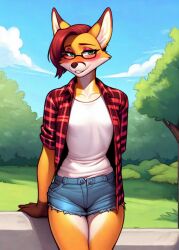 ai_generated blush blushing_at_viewer denim_clothing denim_shorts fox glasses lewd_madlad mammal outdoors outside park plaid_clothing plaid_shirt red_hair short_hair shorts smile smiling smiling_at_viewer unbuttoned unbuttoned_shirt wearing_glasses white_t-shirt yellow_fur