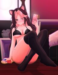 1girls animal_ears blush cellphone female_only full_body highres latam_virtual_youtuber light-skinned_female light_skin long_hair looking_at_viewer mole mole_on_breast mole_under_eye pink_eyes pink_hair shura_hiwa sitting sitting_on_floor thighhighs two_tone_hair virtual_youtuber vjin vtuber vtuberfanart