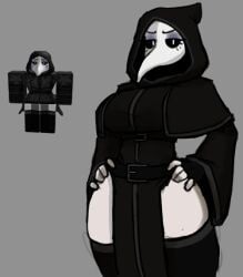 belt breasts busty digital_media_(artwork) dress female genericmerc genericmerc28 gloves hand_on_hip hood long_sleeves makeup mostly_clothed original_character plague_doctor plague_doctor_mask reference_image roblox stockings thick_thighs thighs wide_hips