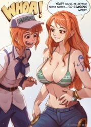 2girls :d baseball_cap big_breasts bikini blue_neckerchief breast_awe breasts cleavage dual_persona emily_rudd english_text female female_only fictional_and_real green_bikini jammeryx jeans large_breasts log_pose long_hair marine_(cosplay) marine_(one_piece) marine_uniform_(one_piece) medium_breasts nami netflix one_piece one_piece_(live_action) open_mouth orange_hair pearl_earrings post-timeskip pre-timeskip real_person short_hair shoulder_tattoo simple_background stomach striped_bikini text time_paradox wavy_hair