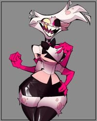 angel_dust_(hazbin_hotel) black_eyes bowtie breasts crop_top femboy freckles gloves golden_tooth hand_on_hip hazbin_hotel red_eyes sharp_teeth skirt solo_male stockings tagme thick_thighs white_fur white_hair wide_hips xexeezy