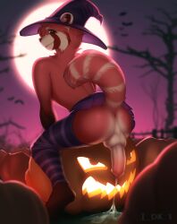 absurd_res ailurid anthro bodily_fluids cum food fruit genital_fluids halloween hi_res holidays i_dk_i makeup male mammal night plant pumpkin red_panda sitting solo