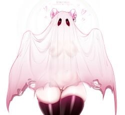 1girls absurd_res areolae artist_name bear_ears black_thighhighs blush breasts female female_only ghost ghost_costume ghost_girl heart heart-shaped_pupils heavy_blush liokko_mao looking_at_viewer navier_(liokko_mao) nipples nude_underneath pink_eyes pussy see-through see-through_clothing solo thick_thighs thigh_squish thighhighs wide_hips