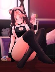 1girls alternate_version_available animal_ears blush cellphone female_only full_body highres latam_virtual_youtuber light-skinned_female light_skin long_hair looking_at_viewer maid maid_uniform mole mole_on_breast mole_under_eye pink_eyes pink_hair shura_hiwa sitting sitting_on_floor thighhighs two_tone_hair virtual_youtuber vjin vtuber vtuberfanart