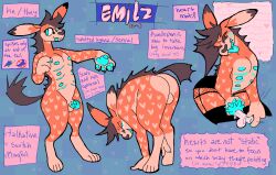 animal_genitalia anthro balls blue_penis emilz_(guncht) felid feline fur genitals guncht hybrid hyena male mammal model_sheet penile_spines penis pink_body pink_fur pseudo-penis red_body red_fur serval smile solo spotted_hyena urethral