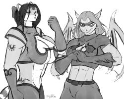 2girls abs anthro anthro_only biceps big_breasts big_muscles breasts cleavage cylnx dragon female female_only hair horns huge_breasts large_breasts large_muscles long_hair mammal muscles muscular_anthro pecs spikes tail wings